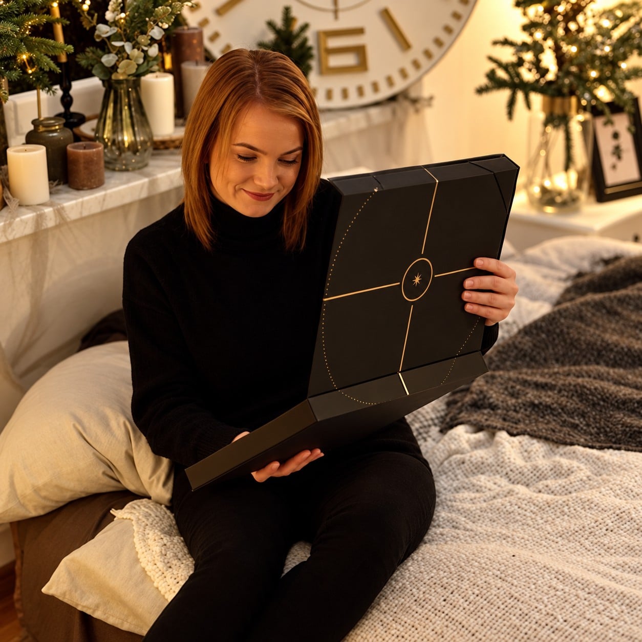 A recipient opening a star gift folder beside a Christmas tree